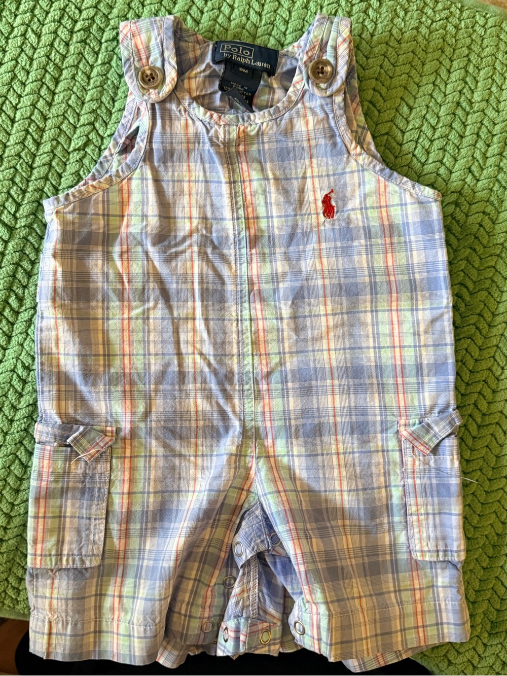 Polo Ralph Lauren Plaid Button Cotton Romper with Red Pony